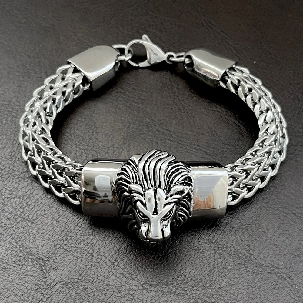 Men's Heavy Silver Stainless Steel Lion Head Bracelet